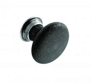 Knob, 32mm diameter, black matt steel effect c/w pewter effect back plate