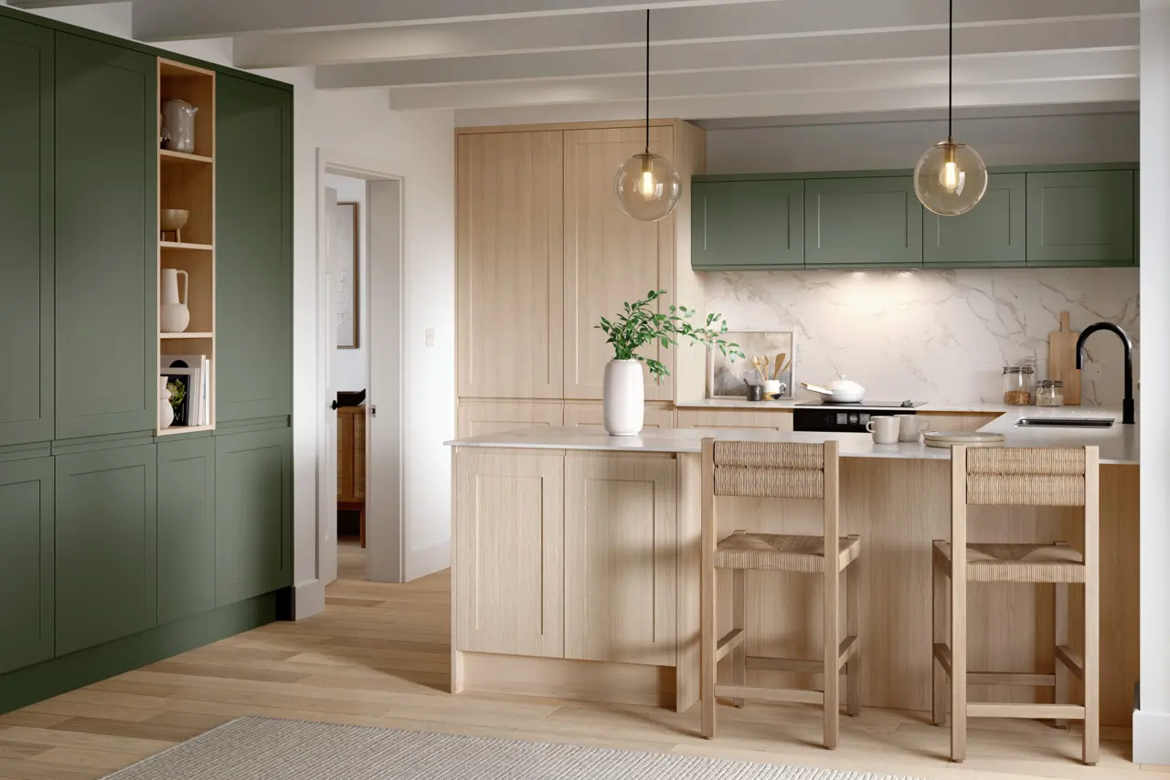 Elland in Supermatt Smoke Green and Light Vicenza Oak kitchen