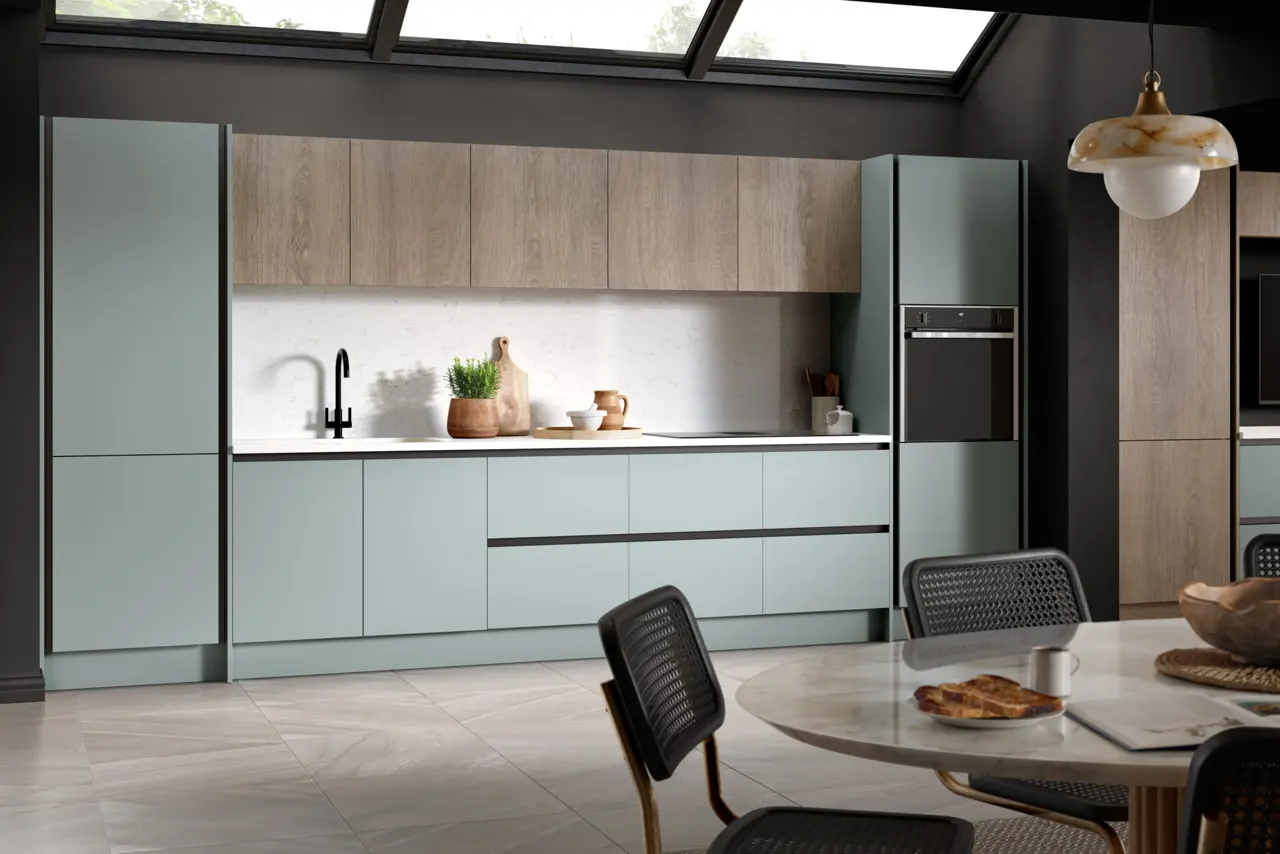 Venice in Supermatt Duck Egg and Grey Vicenza Oak kitchen