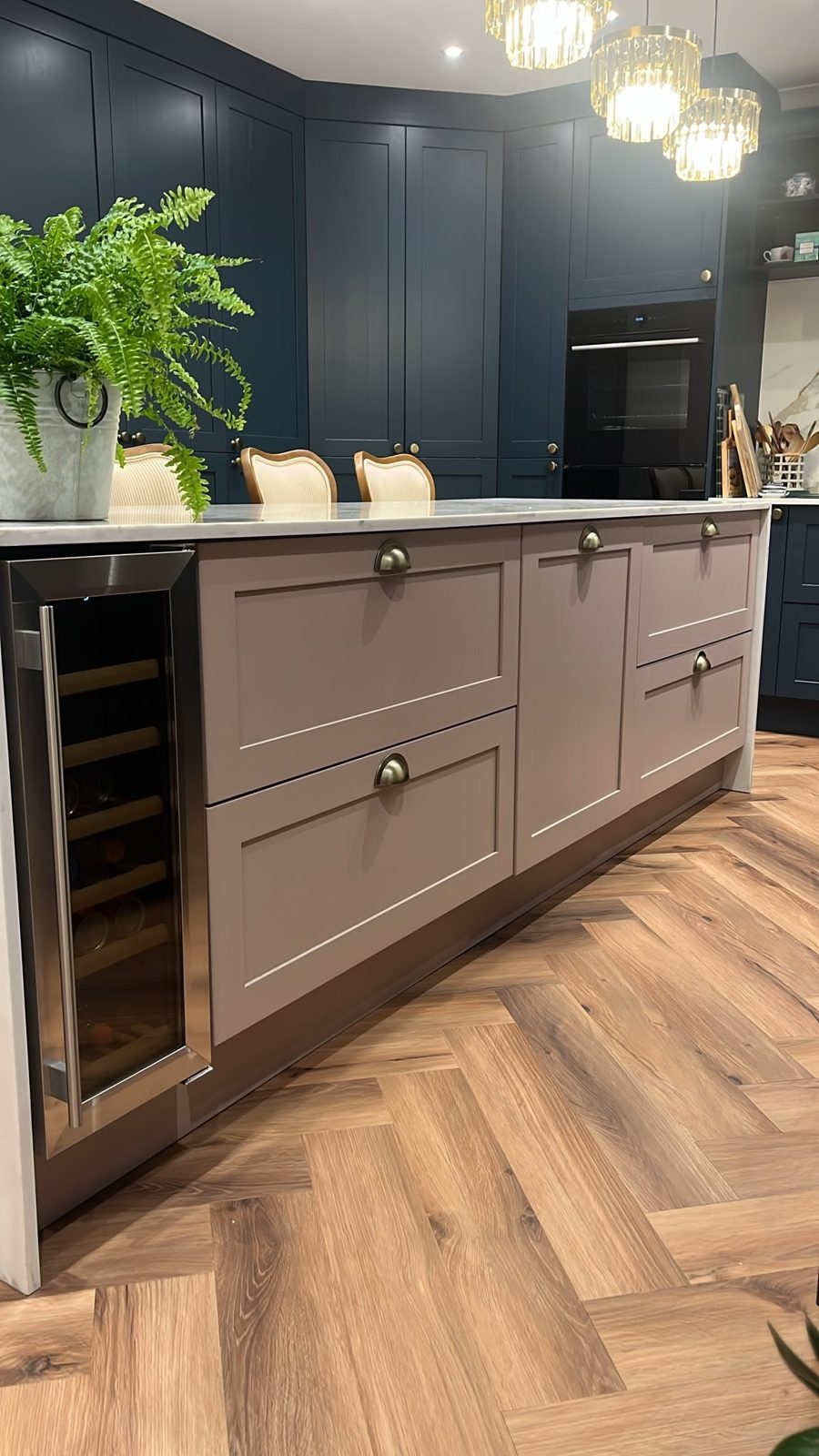 Dry Rose Crathorne Shaker island with deep drawers, brass cup handles and a wine cooler