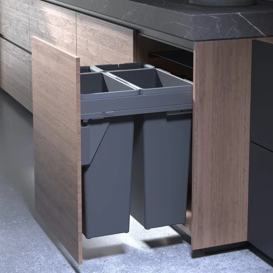 PURE Premium Euro pull-out bin, 600mm door width, 2 x 35 litre + 2 x 8 litre
