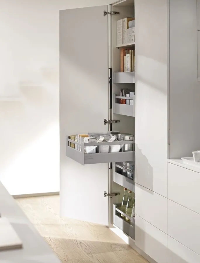 Assembled TANDEMBOX antaro SPACE TOWER larder in Grey with frosted glass