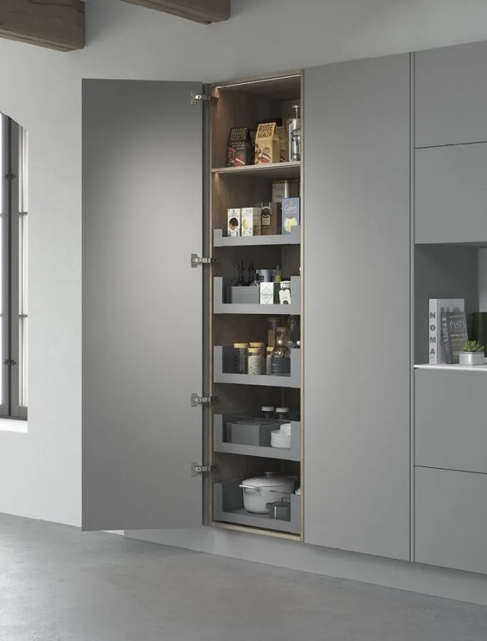 Assembled LEGRABOX SPACE TOWER larder in Orion grey matt with clear glass
