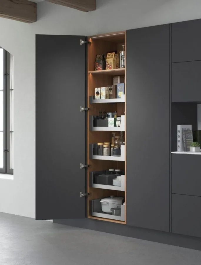 Assembled LEGRABOX SPACE TOWER larder in Stainless steel with clear glass