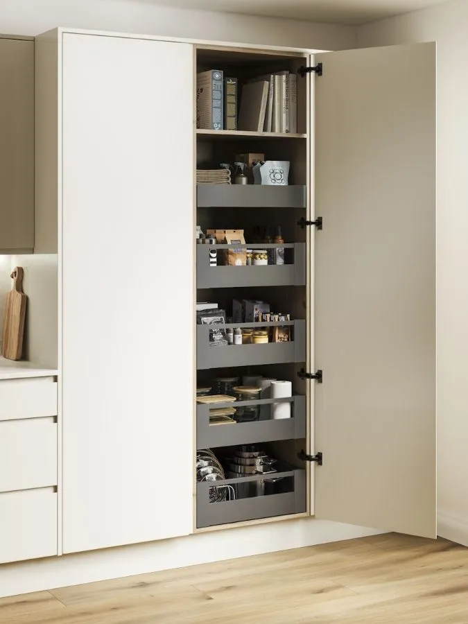 Assembled MERIVOBOX SPACE TOWER larder in Orion grey matt with BOXCAP