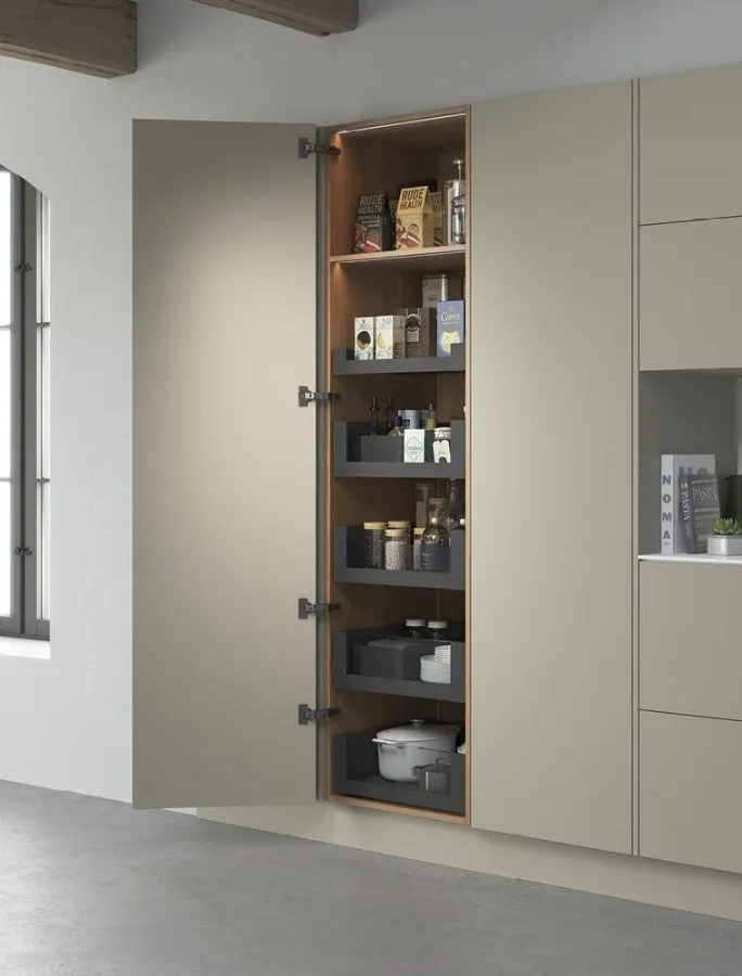 Assembled LEGRABOX SPACE TOWER larder in Carbon black matt with clear glass