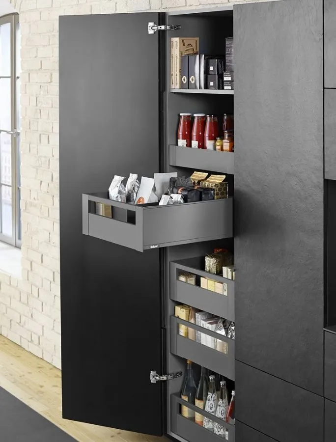 Assembled LEGRABOX SPACE TOWER larder in Orion grey matt with gallery rail