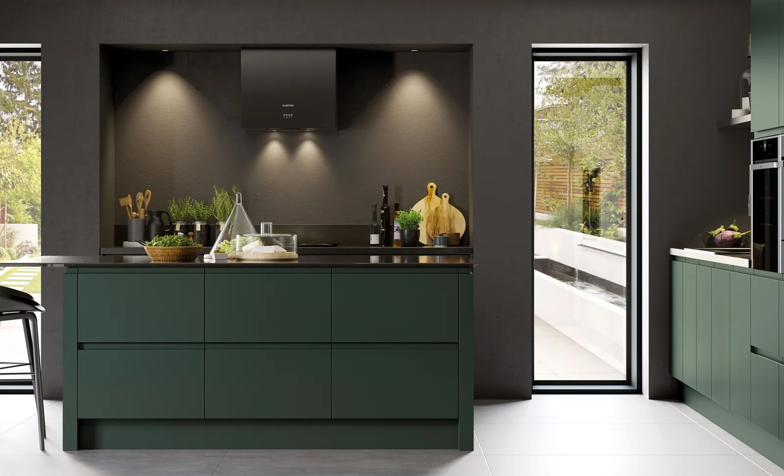 Zola Matt Handleless kitchen, Deep Forest