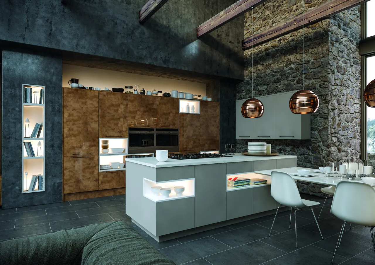 Zurfiz in Ultragloss Copperleaf and Supermatt Dust Grey made to measure kitchen doors